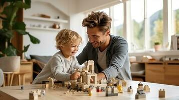 Vater und Sohn sind spielen mit Ziegel und Blöcke foto