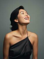 lächelnd jung Frau von asiatisch Abstammung gekleidet im elegant Kleid ai generativ foto