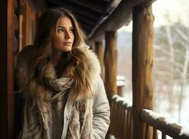 schön Winter Frau Stehen auf ein hölzern Veranda foto