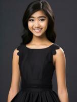 lächelnd jung Frau von asiatisch Abstammung gekleidet im elegant Kleid ai generativ foto
