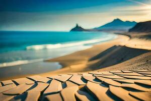 das Strand und Sand Dünen sind gezeigt im das Sonnenuntergang. KI-generiert foto