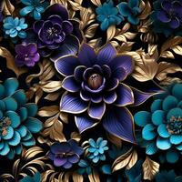 ein schön Blumen- Muster mit Blau und Gold Blumen ai generativ foto