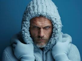 kalt und wütend Winter Mann umarmen gegen ein Blau Hintergrund foto