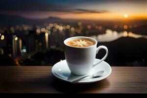 ein Tasse von Kaffee mit ein Aussicht von das Stadt. KI-generiert foto