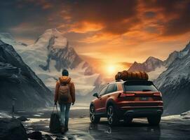 Winter Reise Berg und Auto mit ein Frau bekommen aus das Auto foto
