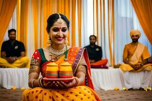 ein schön Braut im ein traditionell indisch Sari. KI-generiert foto