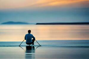 ein Mann Sitzung auf das Strand beim Sonnenuntergang. KI-generiert foto