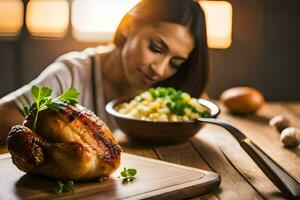 ein Frau ist suchen beim ein geröstet Hähnchen auf ein Schneiden Tafel. KI-generiert foto