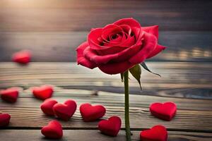 ein Single rot Rose auf ein hölzern Tabelle umgeben durch Herzen. KI-generiert foto