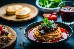 Spaghetti mit Fleisch und Gemüse im ein Schüssel. KI-generiert foto