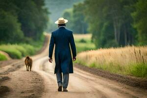 ein Mann im ein passen und Hut Gehen Nieder ein Schmutz Straße mit ein Hund. KI-generiert foto