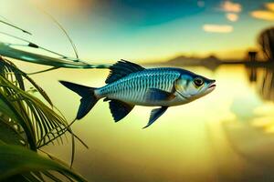 ein Fisch ist schwebend im das Wasser mit Gras und Pflanzen. KI-generiert foto