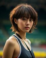 schön lächelnd asiatisch Mädchen Athlet im Sport Arena ai generativ foto