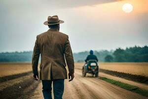 ein Mann im ein Hut Spaziergänge Nieder ein Schmutz Straße mit ein Traktor. KI-generiert foto