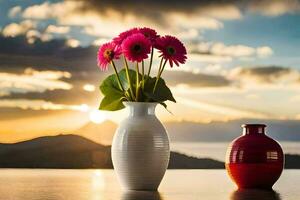 zwei Vasen mit Blumen auf ein Tabelle mit ein Sonnenuntergang im das Hintergrund. KI-generiert foto