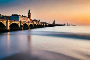 ein lange Exposition fotografieren von ein Brücke Über das Ozean. KI-generiert foto