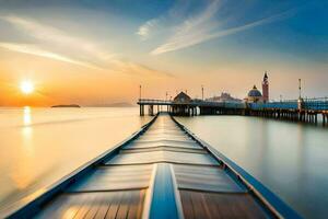 ein lange Exposition fotografieren von ein Seebrücke beim Sonnenuntergang. KI-generiert foto