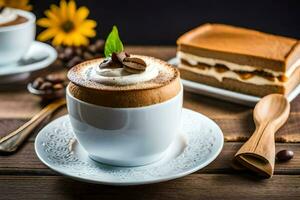 Kaffee und Kuchen auf ein hölzern Tisch. KI-generiert foto