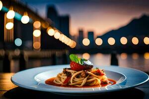 ein Teller von Spaghetti mit Tomate Soße und Fleisch auf ein Tabelle im Vorderseite von ein Stadt Horizont. KI-generiert foto