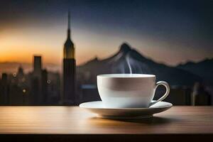 Kaffee Tasse auf das Tabelle mit Stadtbild im das Hintergrund. KI-generiert foto