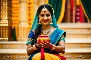 ein Frau im traditionell indisch Kleidung halten ein Topf. KI-generiert foto