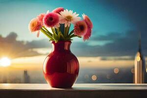 ein Vase mit Rosa Blumen auf ein Tabelle im Vorderseite von ein Stadt Horizont. KI-generiert foto