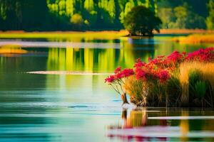 ein Schwan ist Schwimmen im ein See umgeben durch Blumen. KI-generiert foto