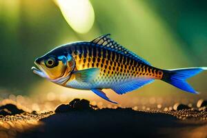 ein Fisch mit Blau und Gelb Streifen auf es ist Körper. KI-generiert foto