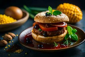 ein Hamburger mit Tomaten, Mais und andere Zutaten. KI-generiert foto