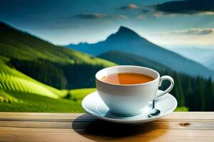 ein Tasse von Tee auf ein Berg oben. KI-generiert foto