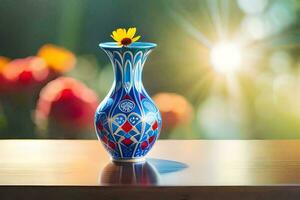 ein Blau Vase mit ein Gelb Blume Sitzung auf ein Tisch. KI-generiert foto