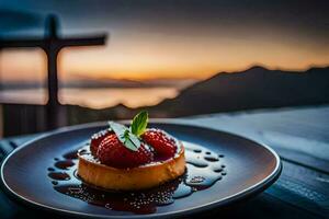 ein Dessert auf ein Teller mit ein Sonnenuntergang im das Hintergrund. KI-generiert foto