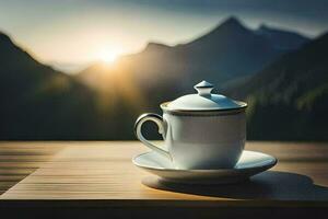 ein Tasse von Kaffee auf ein Tabelle im das Berge. KI-generiert foto