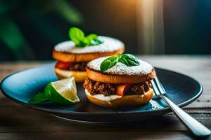 zwei Mini Sandwiches mit Fleisch und Käse auf ein schwarz Platte. KI-generiert foto