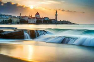 das Sonne setzt Über das Stadt von Rovinj, Kroatien. KI-generiert foto