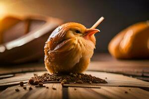 ein klein Vogel Sitzung auf oben von ein hölzern Tisch. KI-generiert foto