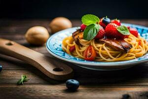 Spaghetti mit Pilze und Beeren auf ein hölzern Tisch. KI-generiert foto