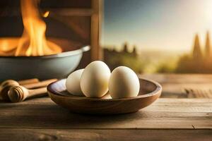 Eier im ein Schüssel auf ein Tabelle mit ein Feuer. KI-generiert foto