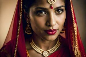 ein schön indisch Frau tragen ein rot Sari. KI-generiert foto