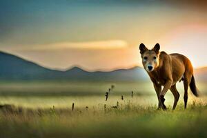 ein Pferd Gehen im das Gras beim Sonnenuntergang. KI-generiert foto