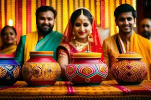 ein Paar im indisch Hochzeit Kleidung mit bunt Töpfe. KI-generiert foto