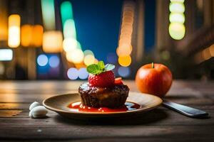 ein Dessert mit ein Erdbeere und ein Scheibe von Apfel auf ein hölzern Tisch. KI-generiert foto