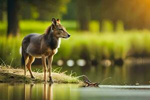 ein Hirsch steht auf das Kante von ein See. KI-generiert foto