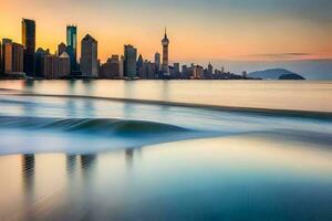 das Stadt Horizont ist reflektiert im das Wasser beim Sonnenuntergang. KI-generiert foto