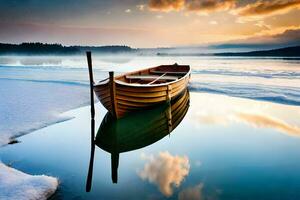 ein Boot sitzt auf das Eis beim Sonnenuntergang. KI-generiert foto