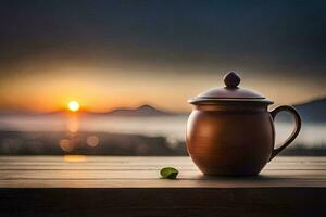 das Teekanne, Person, Sonnenaufgang, das Teekanne, hd Hintergrund. KI-generiert foto