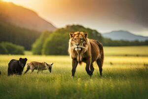 ein Löwe und zwei Hirsch gehen im ein Feld. KI-generiert foto