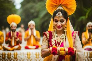indisch Braut im traditionell Kleidung mit ihr Brautjungfern. KI-generiert foto