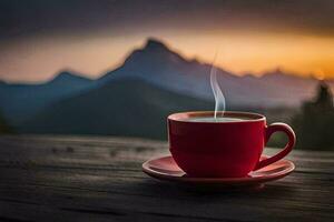 Kaffee Tasse auf das Tabelle mit Berge im das Hintergrund. KI-generiert foto