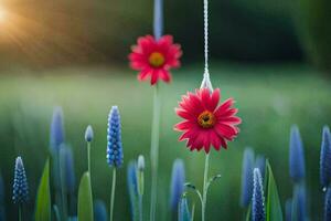 zwei rot Blumen hängend von ein Zeichenfolge im ein Feld. KI-generiert foto